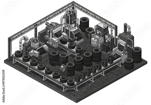 Isometric industrial factory illustration of a tire manufacturing plant with machinery and finished products