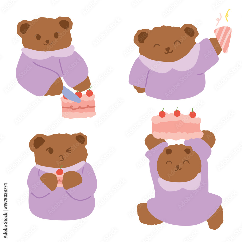 Fototapeta premium Cute Bear Purple Outfit Cake Activity Set Cutting Cake Confetti Running Cartoon Illustration