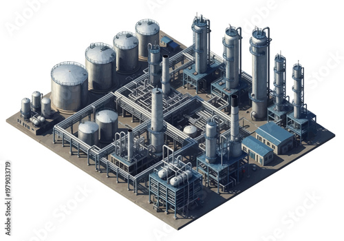 Isometric industrial facility with storage tanks, pipelines, and processing units in a complex layout, showcasing chemical plant operations