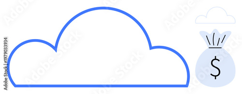 Cloud computing, financial growth, digital economy, data storage, fintech, cloud usage. Minimalist cloud outline next to a money bag with a dollar sign. Cloud computing and financial growth ion