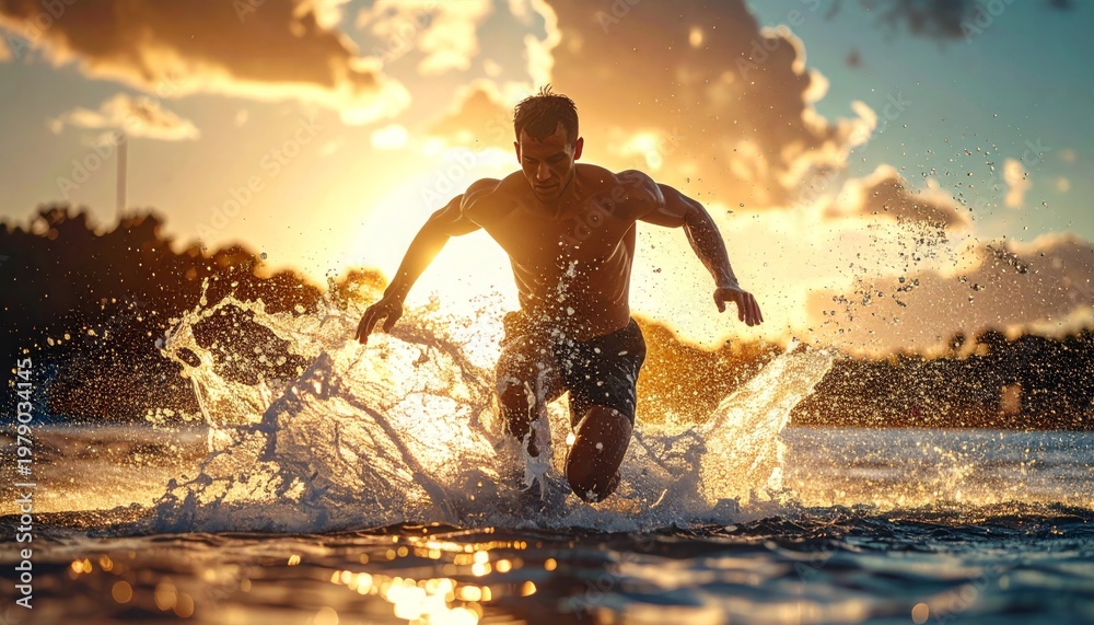 Obraz premium Energetic man running through water at sunset creating a powerful splash.