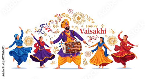 A vibrant vector illustration depicts the Vaisakhi celebration with a man playing a dhol drum and women in traditional Punjabi dress dancing against a decorative background, capturing