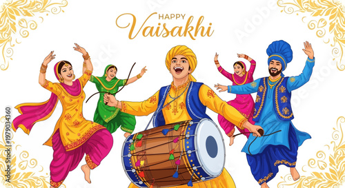 Vaisakhi celebrations are captured in an illustration of people dancing to traditional music, with a man playing the dhol drum, all set against a festive background, embodying the joyful