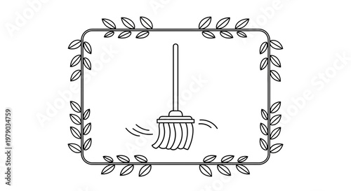 Cleaning mop with swirling motion lines inside a decorative leaf frame