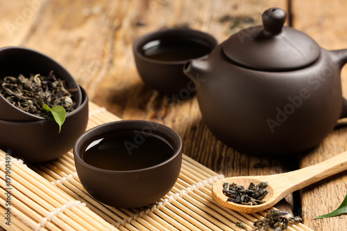 Teapot with cups of tea, dr...