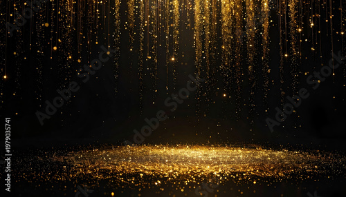 A mesmerizing display of golden particles gracefully falling against a dark background, creating an ethereal and luxurious visual effect.