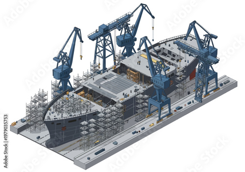 Shipyard scene with a large vessel under construction surrounded by cranes and trees