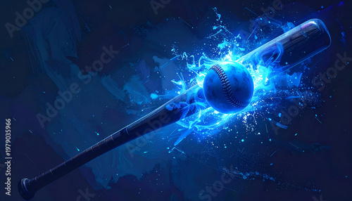 A dynamic digital artwork depicts a baseball and bat engulfed in vibrant blue energy, creating a striking and powerful visual representation of the sport.
