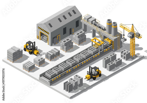 Industrial factory production line for concrete blocks with forklifts and cranes
