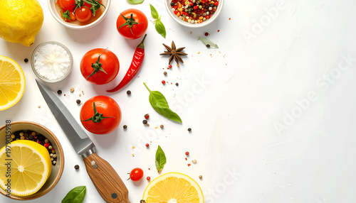 A vibrant flat lay composition showcases fresh tomatoes, lemons, spices, and a knife arranged on a white surface, evoking a culinary and natural aesthetic.