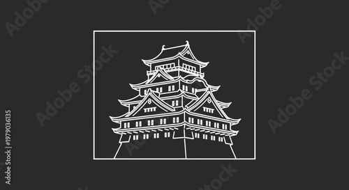 White Line Drawing of a Japanese Castle on a Dark Background