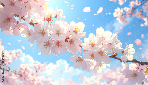 A vibrant close-up showcases delicate pink cherry blossoms against a bright blue sky, with gentle petals drifting in the sunlight, creating a serene and picturesque springtime scene.