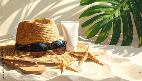 A sun-drenched still life showcases summer essentials like a straw hat, sunglasses, sunscreen, and starfish, evoking a relaxing beach vacation.