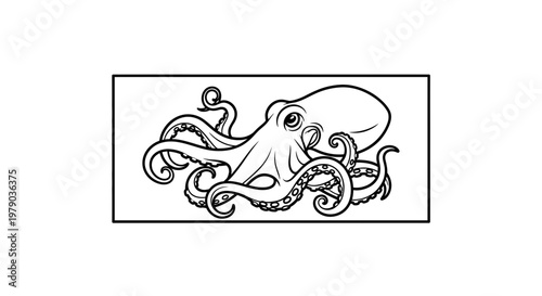 Stylized Octopus Illustration, Black and White Line Art, Marine Life, Cephalopod