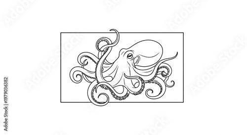 Stylized Octopus Illustration, Black and White Line Art, Marine Life, Underwater Creature, Tentacles