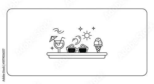 Summer Vacation Icons: Cocktail, Sunglasses, Ice Cream, Sun, Waves
