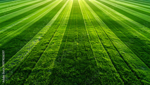 Sunlight streams across a meticulously patterned field, creating a striking visual rhythm of light and shadow on the vibrant green landscape.