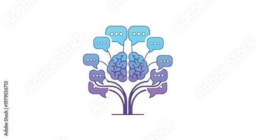 Illustration of a purple brain with blue speech bubbles and purple hands emerging from it on a white background with a mix of purple and blue hues conveying a creative and intellectual mood.