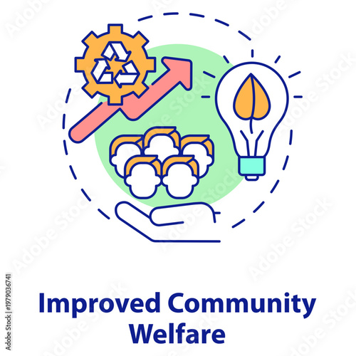 Improved Community Welfare Icon: An illustrative icon captures the essence of community welfare through symbolic elements like a recycle gear, a rising arrow, an idea bulb and a group of person.