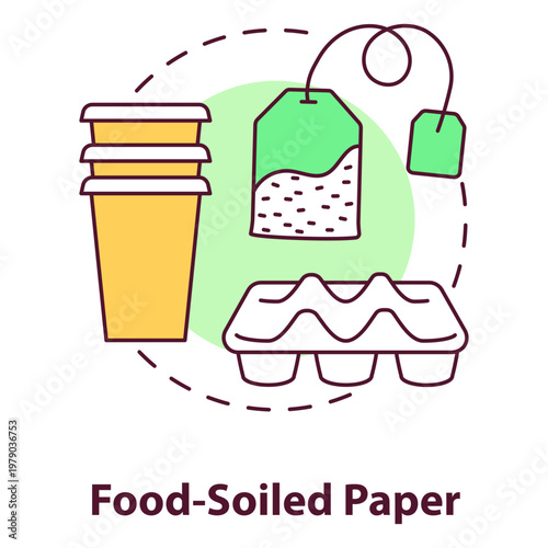 Tea and Cups Composition: A captivating illustration featuring a tea bag, paper cups, and an egg carton, perfect for projects related to breakfast, cafe, or packaging