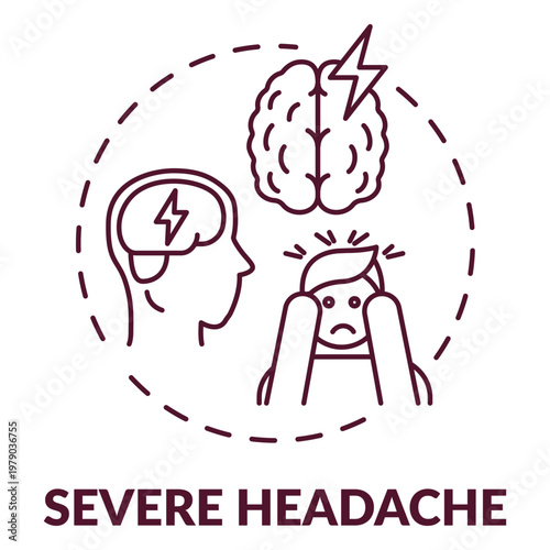 Severe Headache Icon: An illustrated depiction of the pain associated with a severe headache, with an icon showing brain pain and person holding their head.