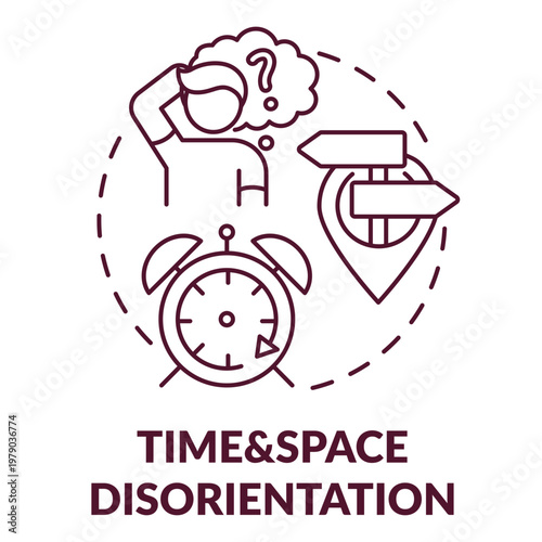 Time and Space Disorientation Icon: A thought-provoking illustration depicting the concept of disorientation through a stylized image of a person, question mark, and clock. 