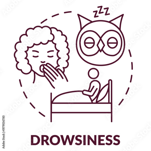 Drowsiness: A visual depiction of the state of drowsiness, illustrated with elements such as a person yawning, an owl, and a bed. 