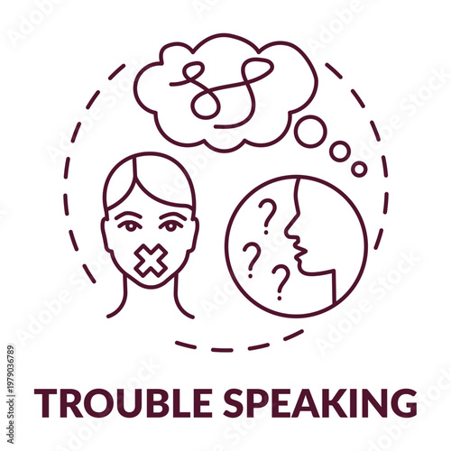 Trouble Speaking: Visual representation of speech difficulty, with a person's mouth sealed, a confused thought bubble, and a questioning profile.