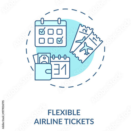Flexible Airline Tickets: A modern graphic depicts a collection of travel essentials including a calendar, plane tickets, and a wallet representing the convenience and flexibility offered.