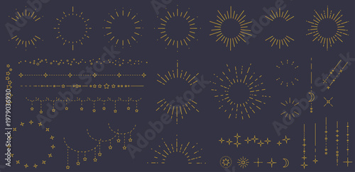 太陽と星空をイメージしたシンプルな飾り罫線・ラインのイラストセット　キラキラ　ゴールド　点線　Sunburst