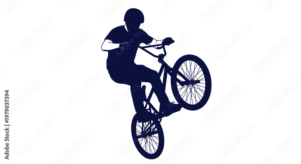 Obraz premium A silhouette of a person performing a wheelie on a BMX bicycle against a white background.