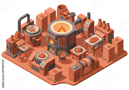 Industrial Foundry Furnace Production Process Isometric Vector Illustration