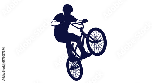 A silhouette of a person performing a wheelie on a BMX bicycle against a white background.
