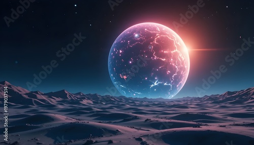 Futuristic glowing planet over smooth moon surface, vibrant colors, 8k