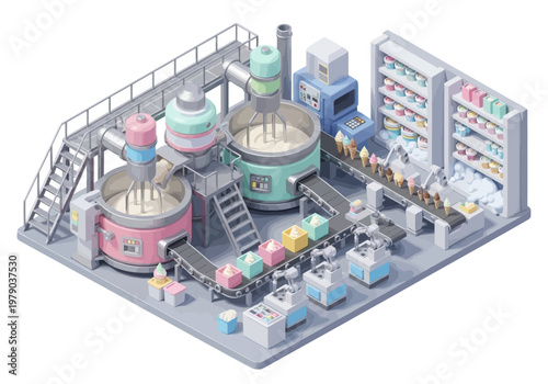 Isometric factory manufacturing process of ice cream cones and other frozen desserts on a conveyor belt