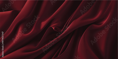 Luxury burgundy silk fabric with velvet texture and elegant flowing waves. Rich crimson material draped for fashion or interior design. Smooth satin surface with deep red color and soft shadows.