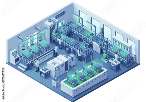 Automated Solar Panel Manufacturing Process in a Modern High-Tech Factory
