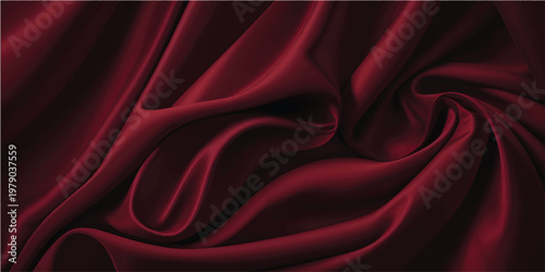 Luxurious dark red draped fabric with flowing smooth waves and soft texture