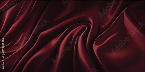Luxury burgundy silk fabric with velvet texture and elegant flowing waves. Rich crimson material draped for fashion or interior design. Smooth satin surface with deep red color and soft shadows.