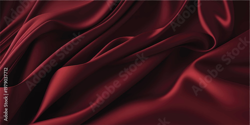 A flowing red silk background features soft satin waves and a dark velvet texture, creating an abstract drapery design ideal for a theater stage backdrop or elegant wallpaper illustration