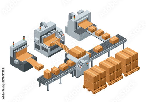Automated industrial packaging and shipping process with conveyor belts and boxes