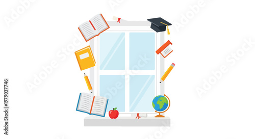 Flat lay illustration of educational items arranged around a window with a graduation cap on top against a white background.