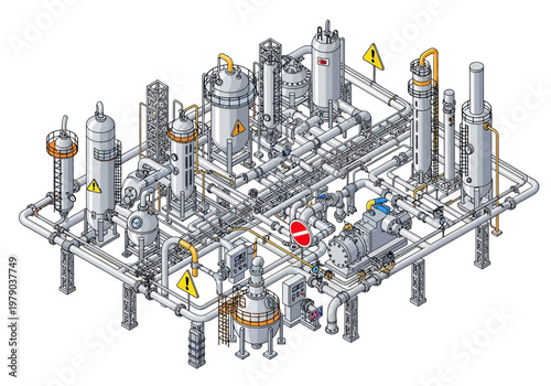 Industrial plant diagram showcasing complex piping and machinery in an isometric view