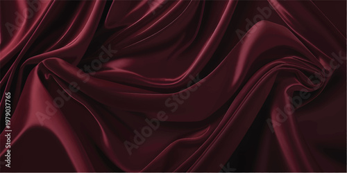 Luxury burgundy silk fabric with velvet texture and elegant flowing waves. Rich crimson material draped for fashion or interior design. Smooth satin surface with deep red color and soft shadows.