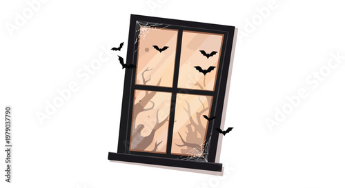 Halloween decoration of a spooky window with bats on a white background.