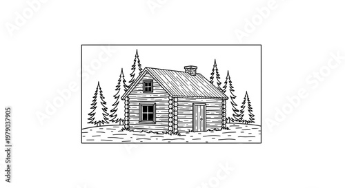Rustic Log Cabin in Pine Forest, Hand-Drawn Illustration