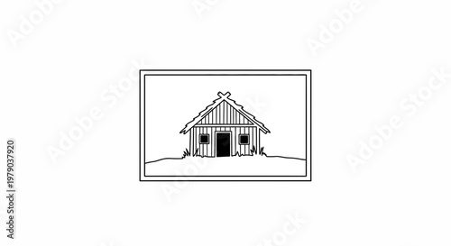 Rustic Wooden Cabin with Thatched Roof in a Minimalist Line Drawing Style