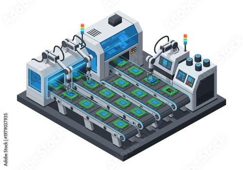 Automated Production Line in a Technology Factory, Robotic Arms Assembling Electronic Components on Conveyor Belts