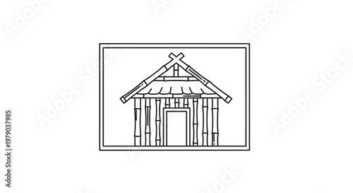 Simple Bamboo Hut Drawing, Traditional Asian Architecture, Rustic Shelter Outline