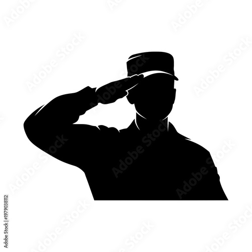 Military soldier silhouette saluting in uniform profile isolated on transparent backdrop.